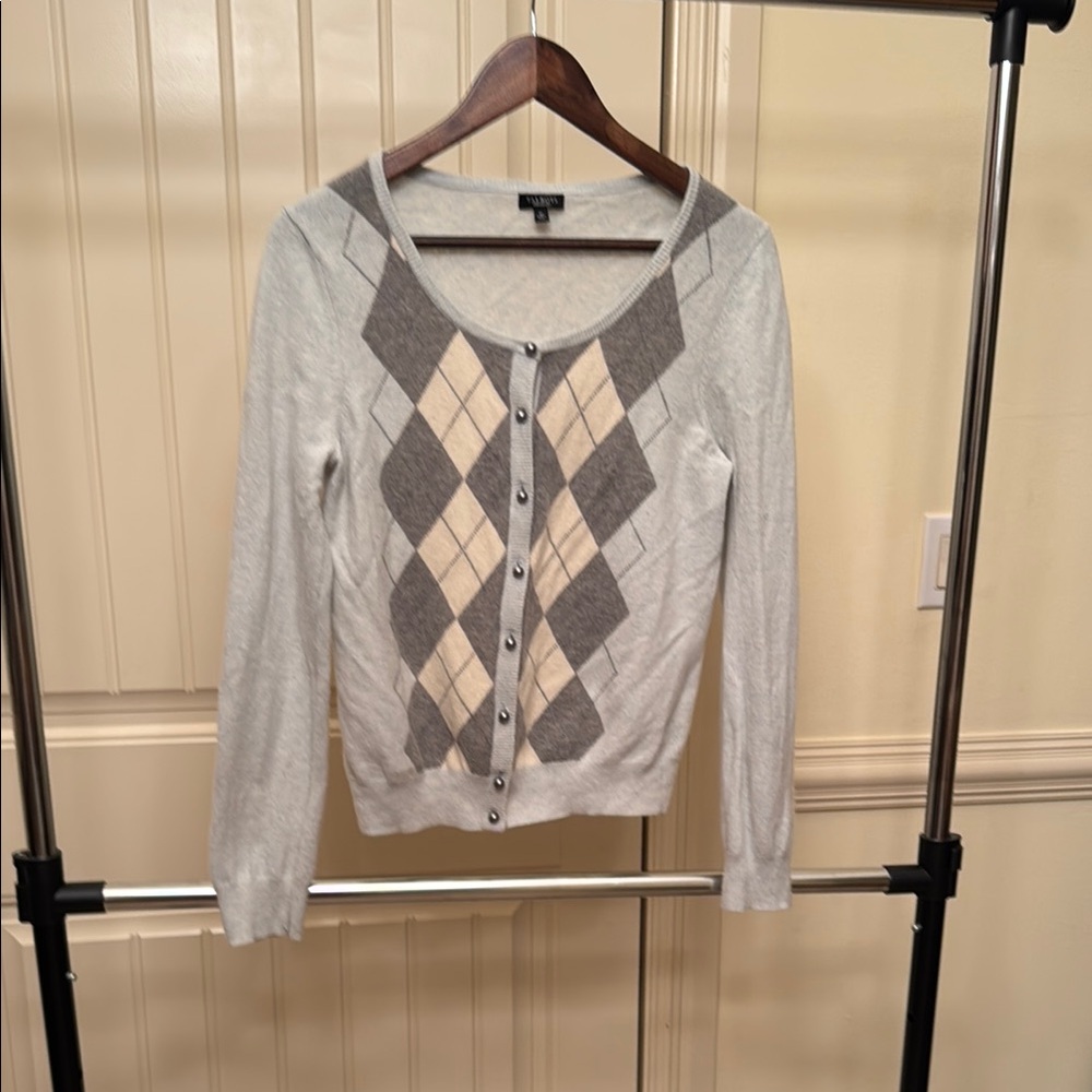 Talbots Light Blue Gray and  Grey/White Cardigan Sweater-Sz Medium